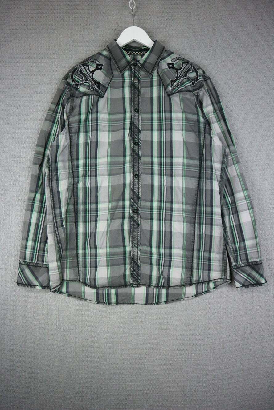 Roar Mens Gray Green Plaid Long Sleeve Button Down Shirt Size L Y2K Western
